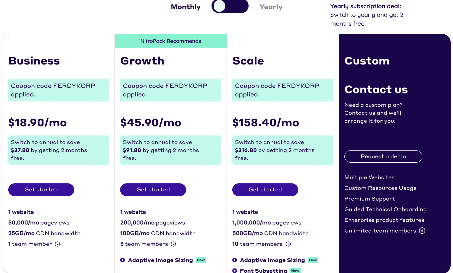 NitroPack pricing plans