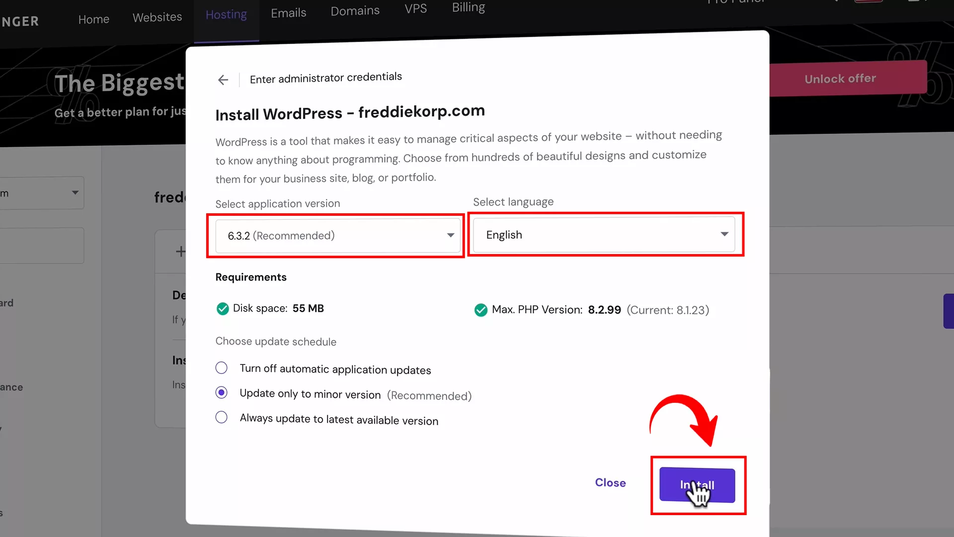 Install WordPress on chosen domain using Hostinger