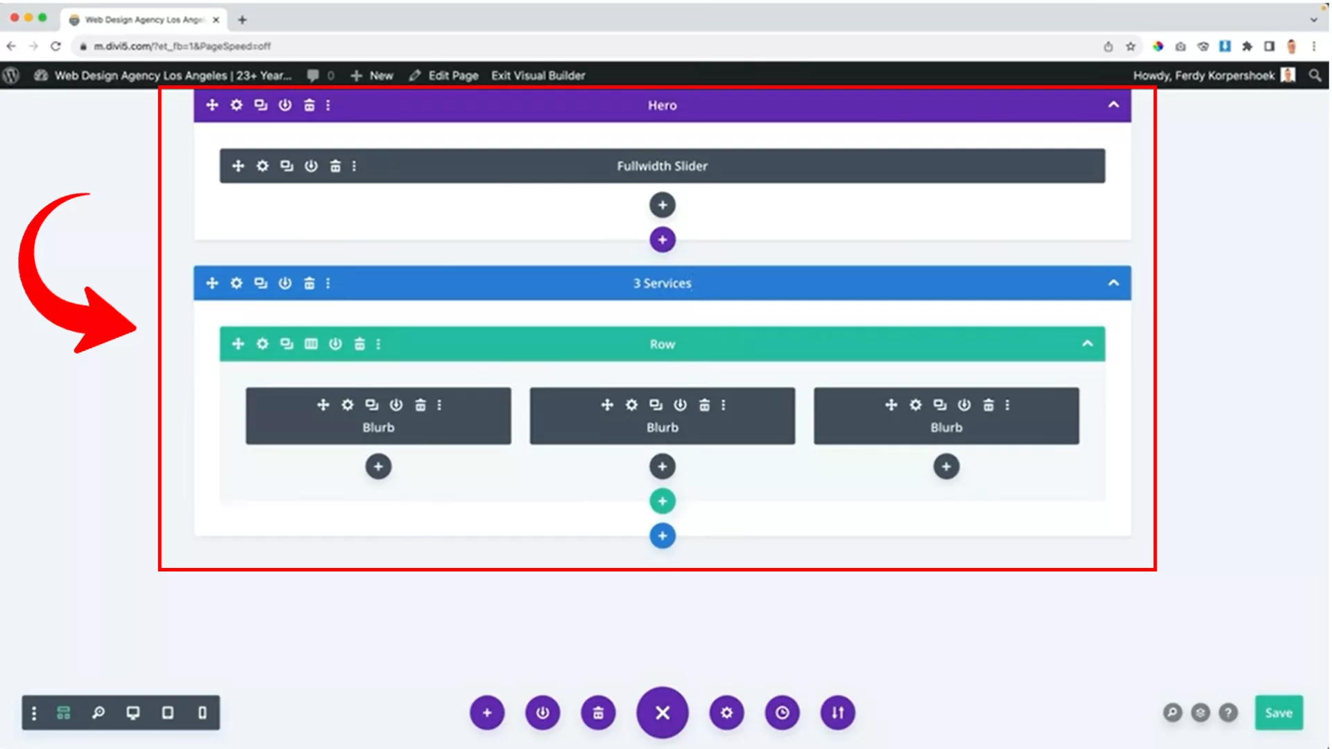 wireframe view on Divi builder