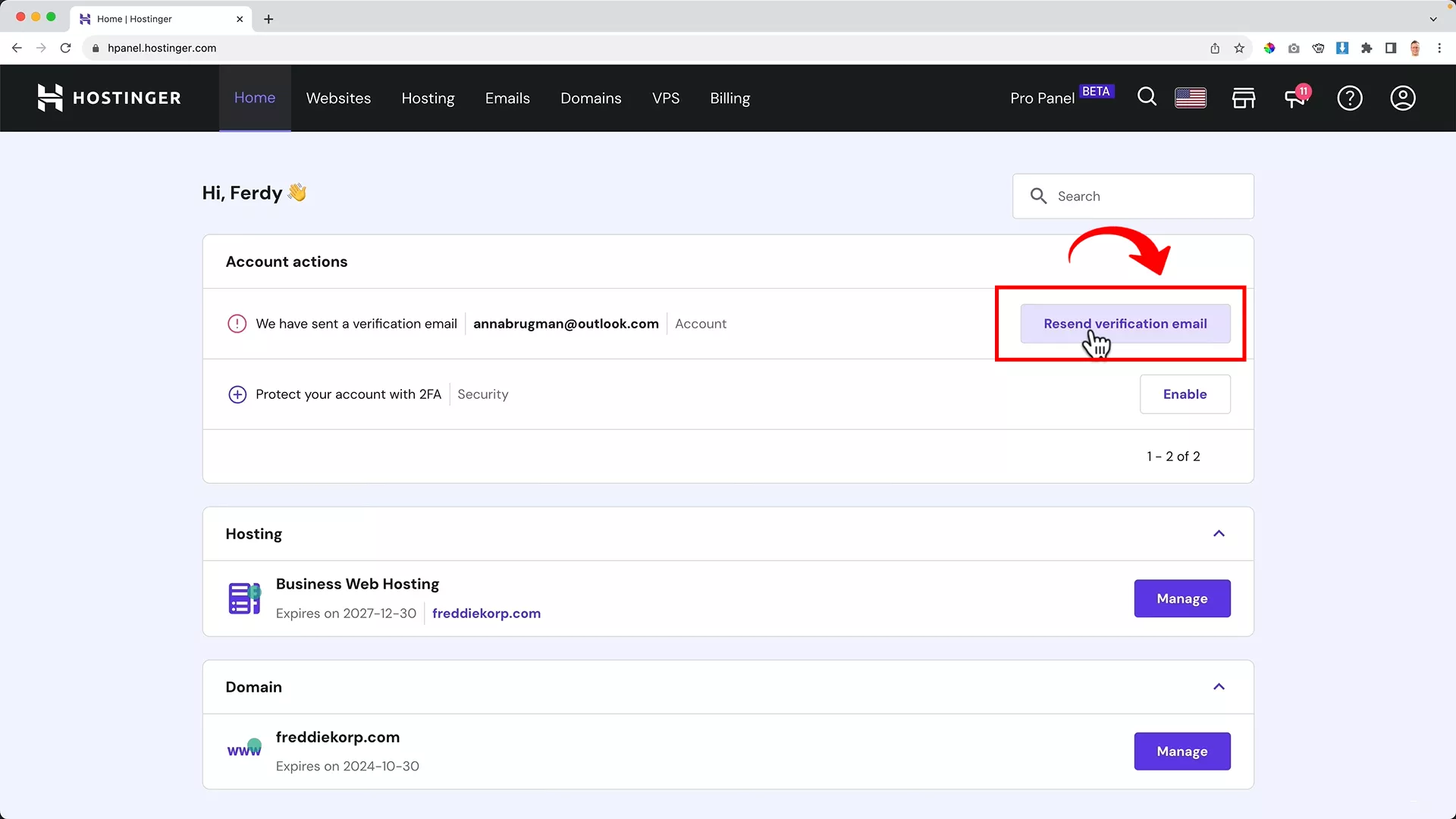 Validate your account on hostinger