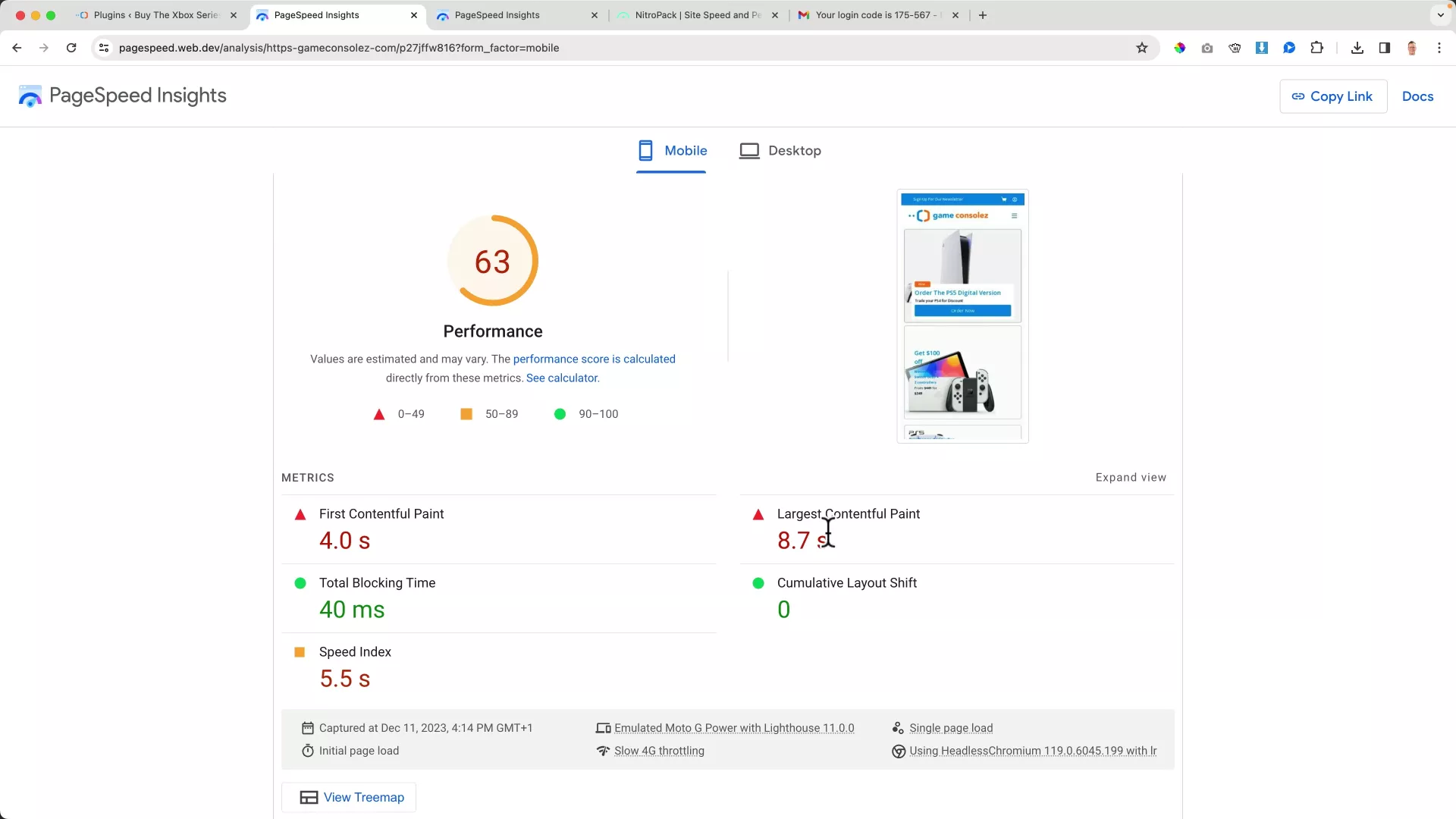 Google PageSpeed Insights report for an ecommerce website before installing NitroPack