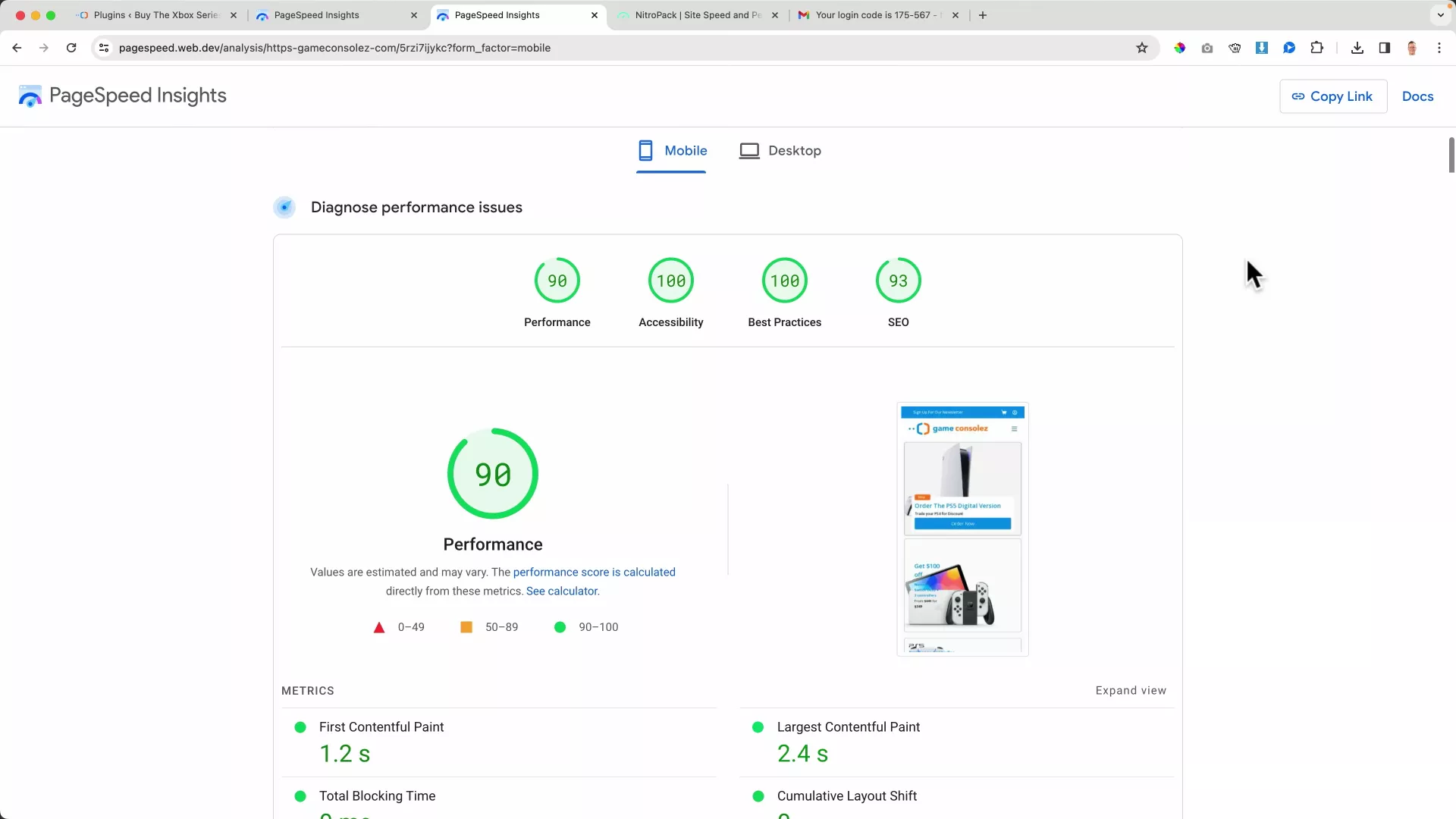 Google PageSpeed Insights Report for an ecommerce website after installing NitroPack