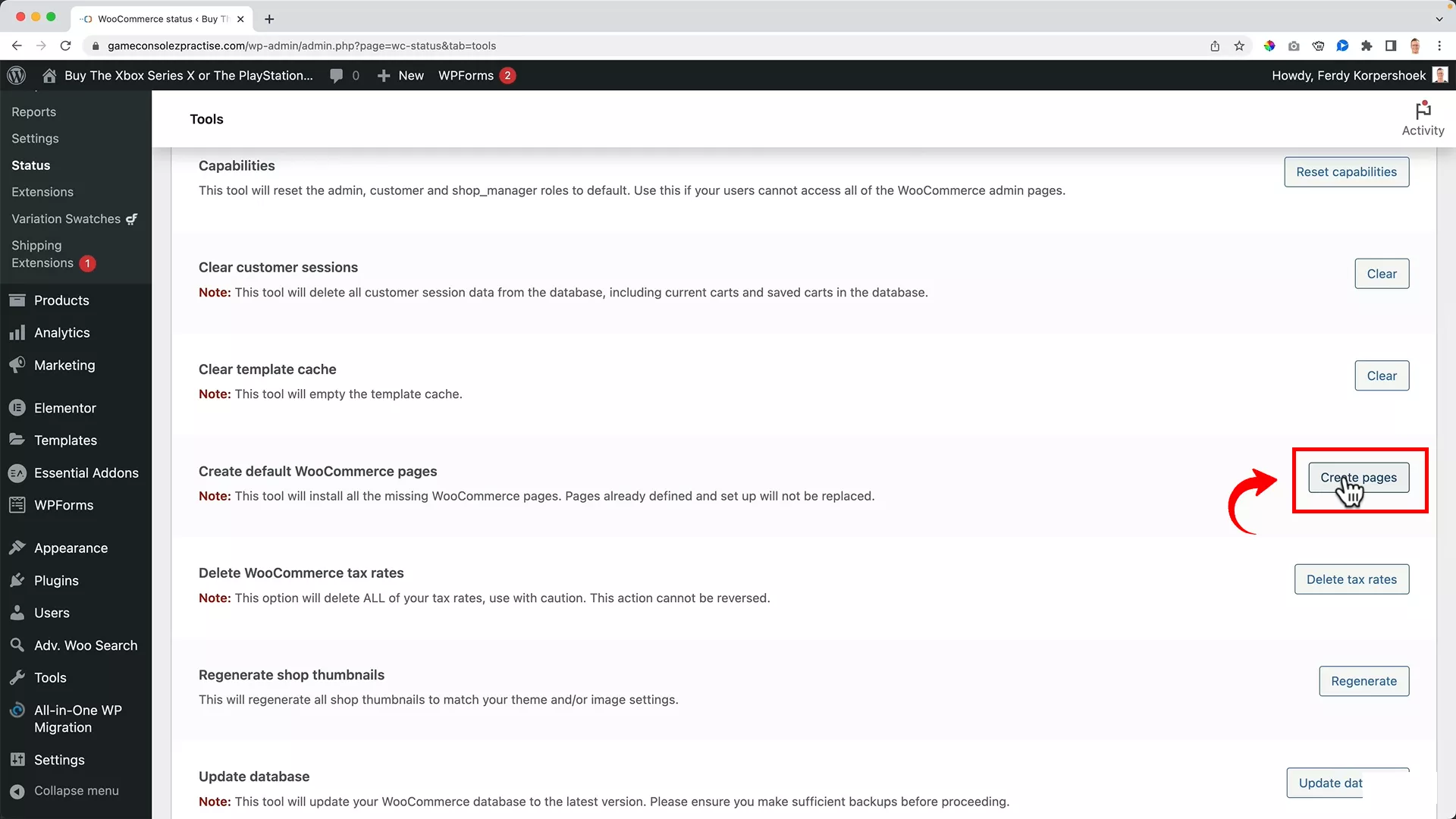 create default WooCommerce pages