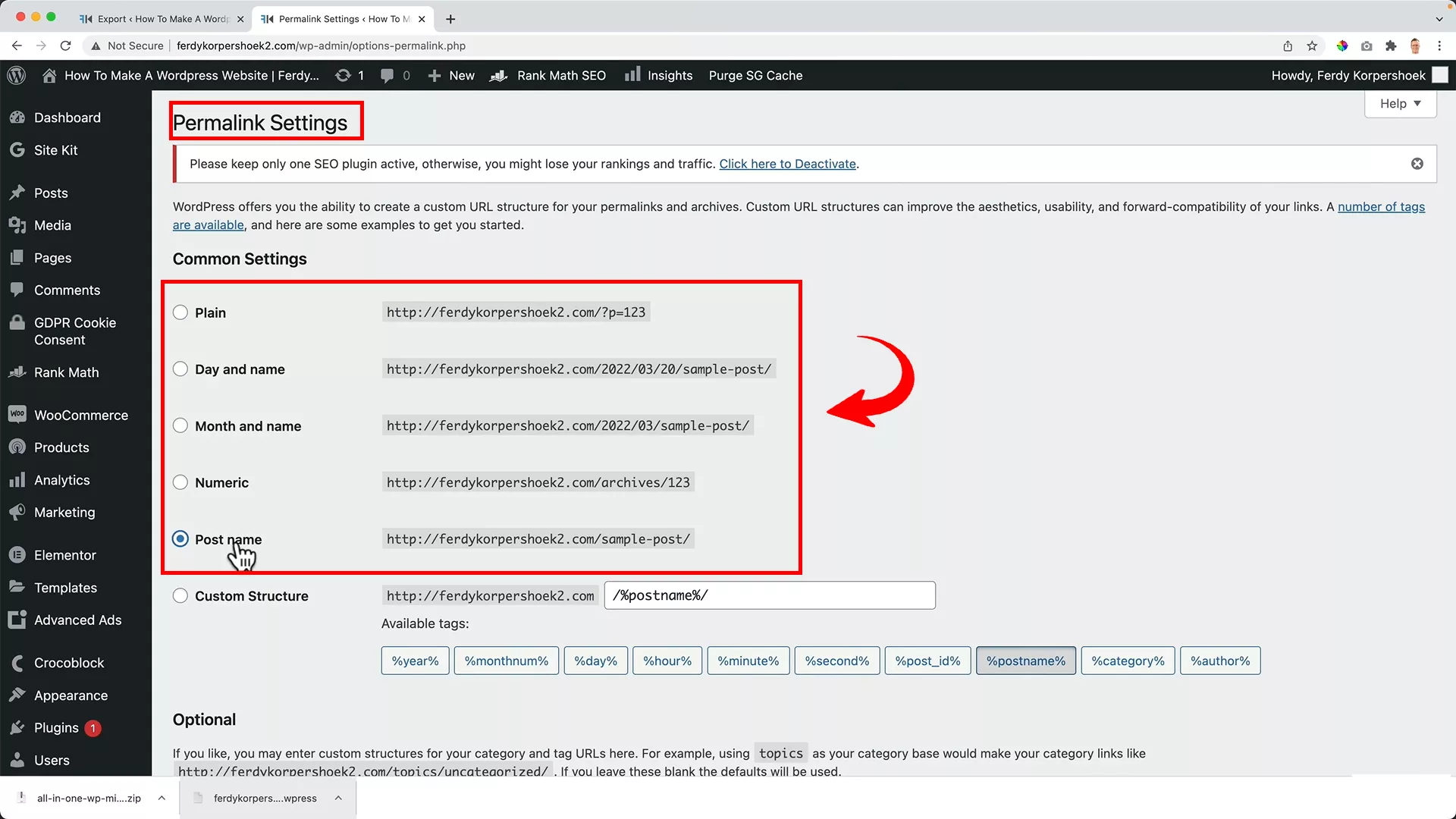 change permalink structure to post name on WordPress