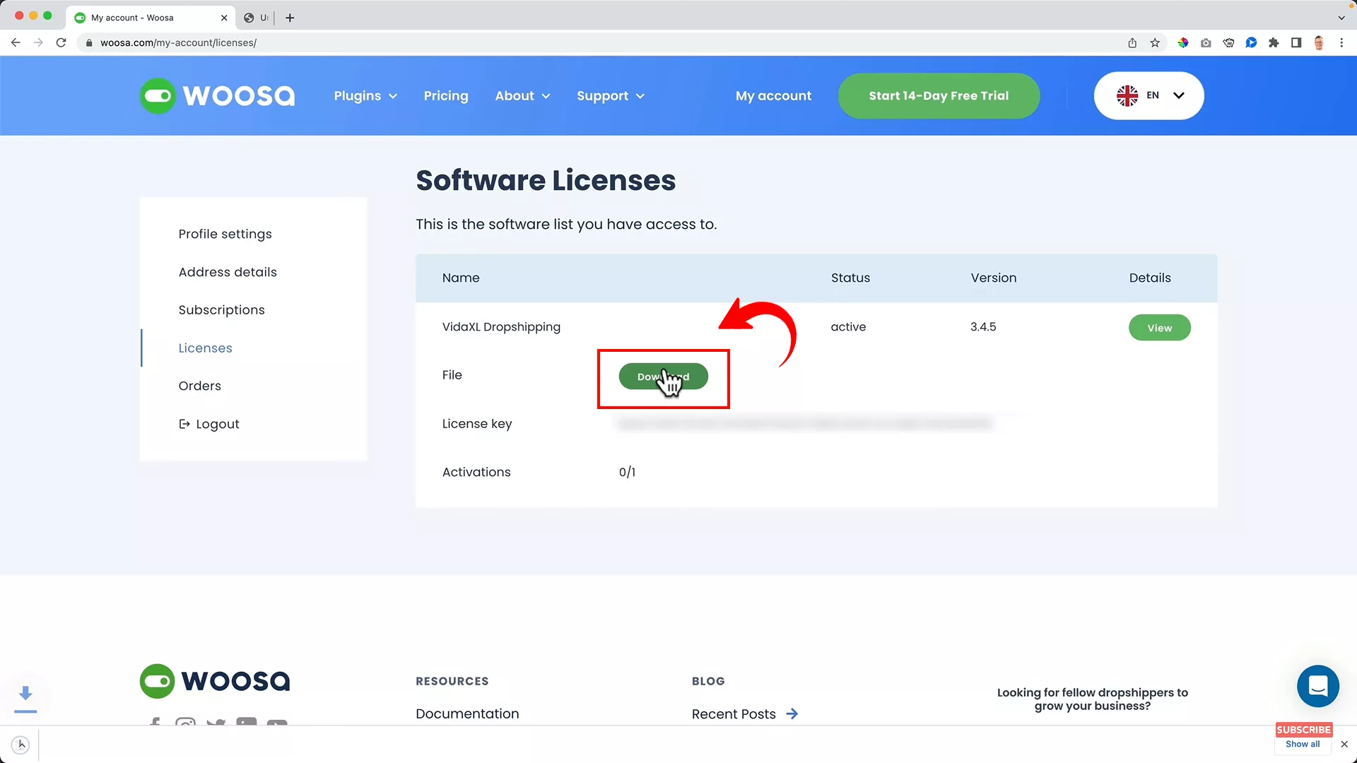 Download Woosa License to set it up on WooCommerce