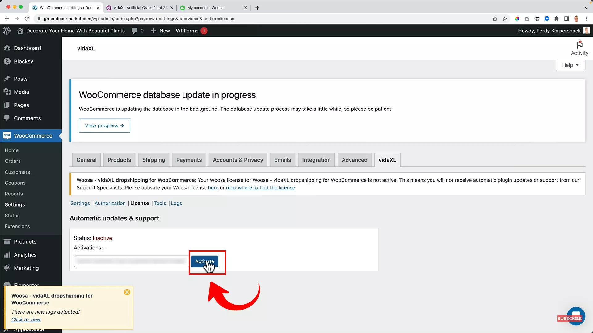 Activate Woosa Licence key on WooCommerce