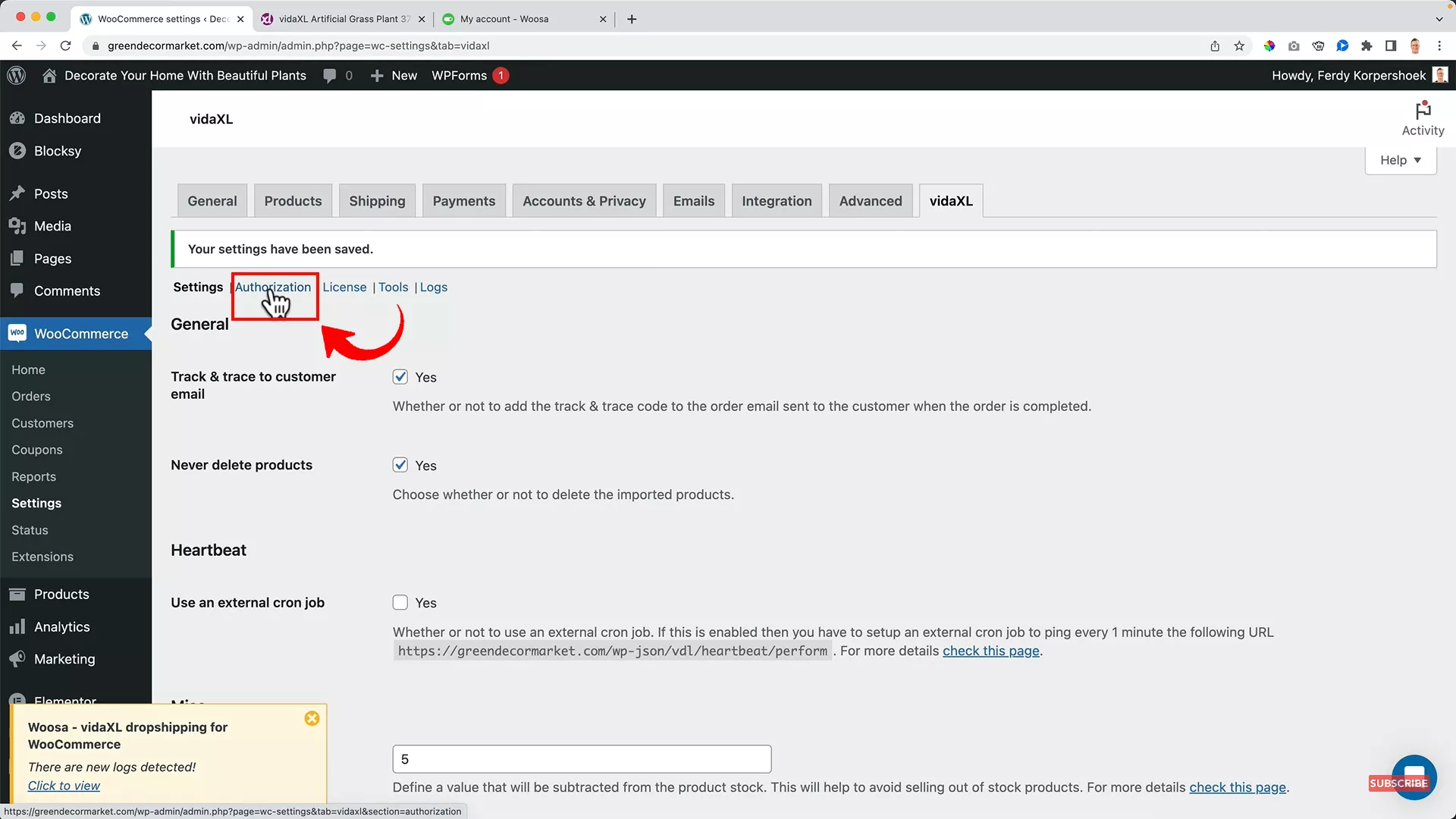 WooComerce authorization for VidaXL