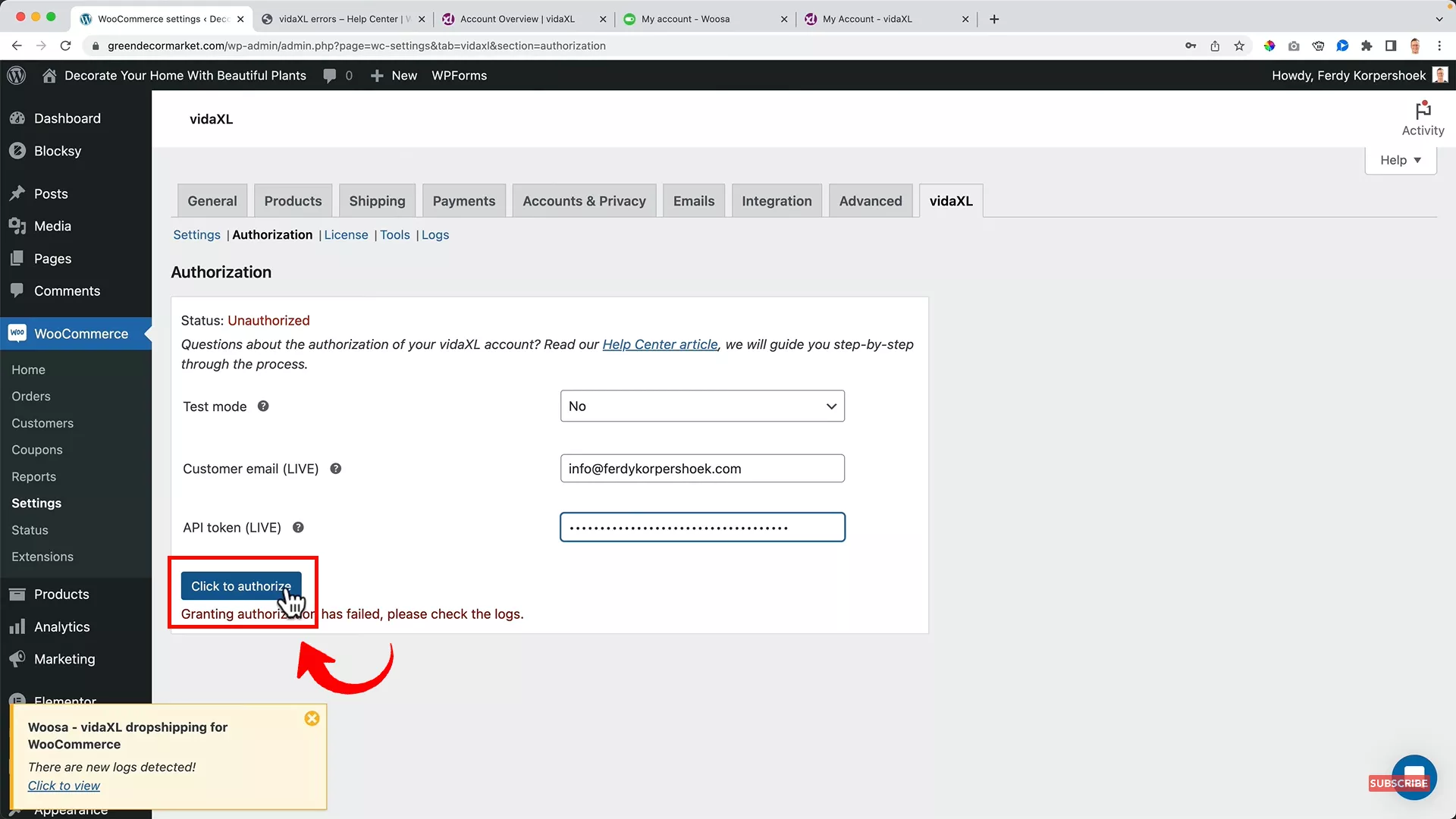 Authorize VidaXl on WooCommerce