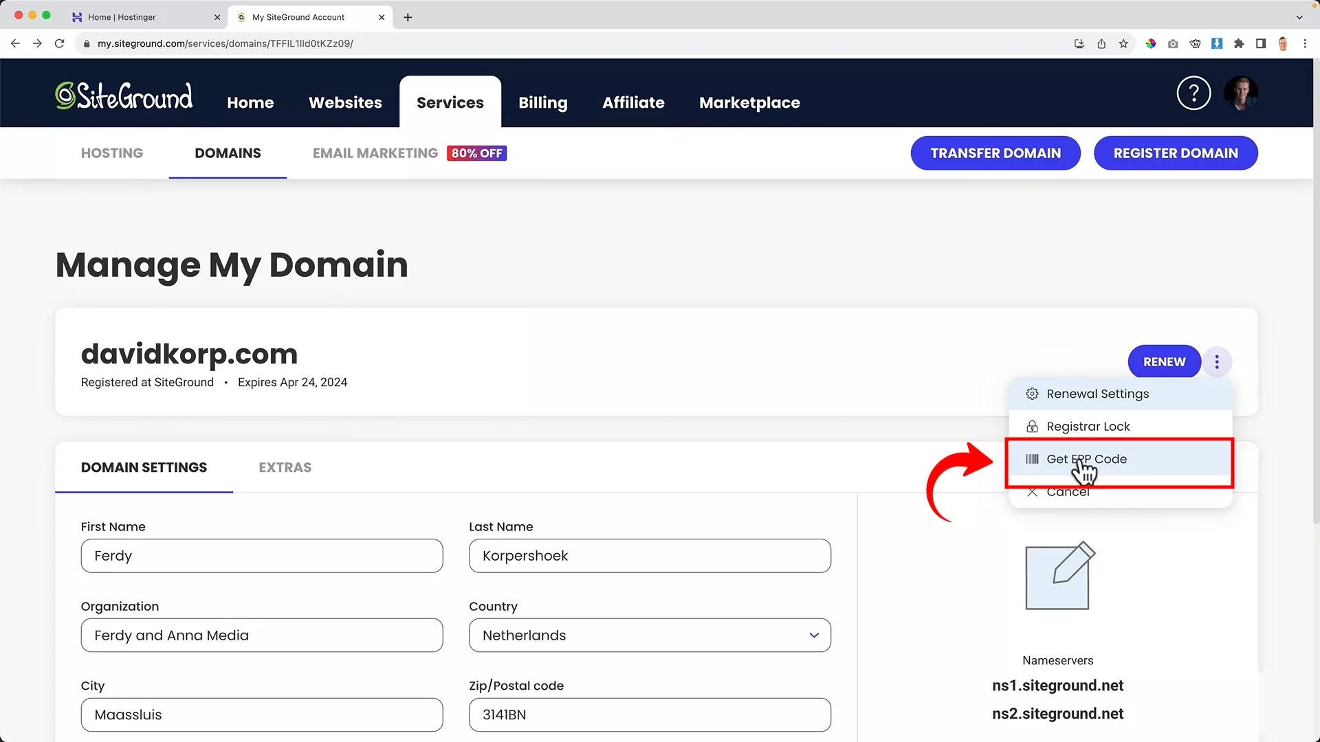 Siteground get EPP code