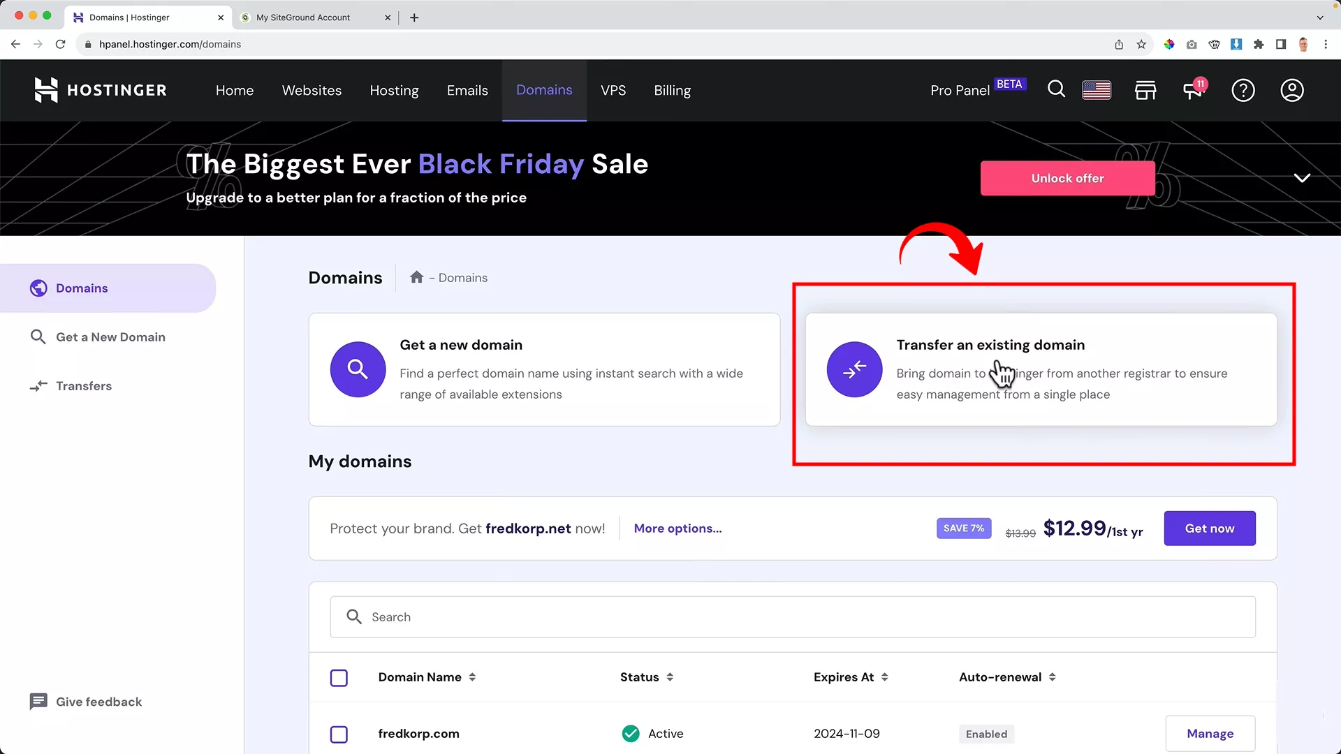 Transfer an existing domain using hostinger