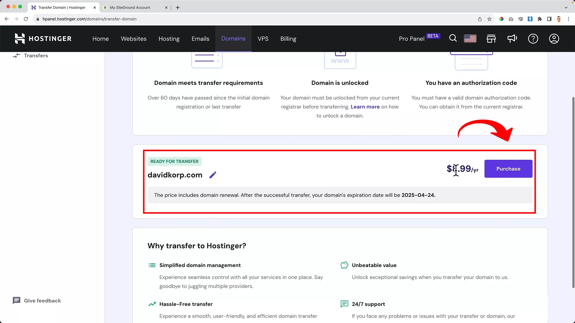 Domain price check on hostinger