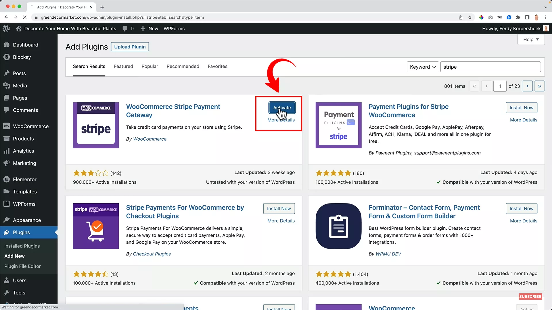 Install and activate Stripe plugin for WooCommerce