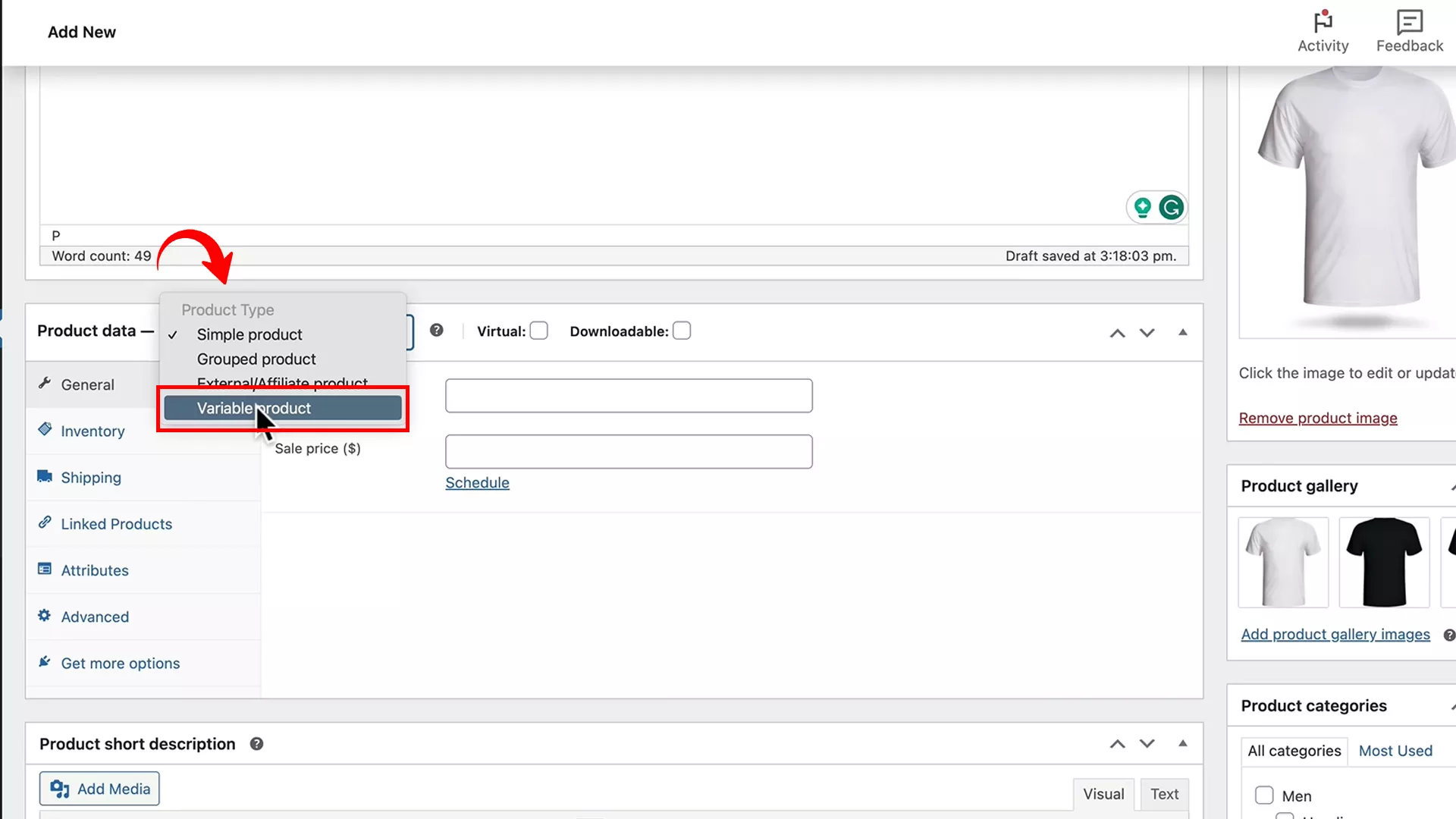 Adding a variable product on WooCommerce