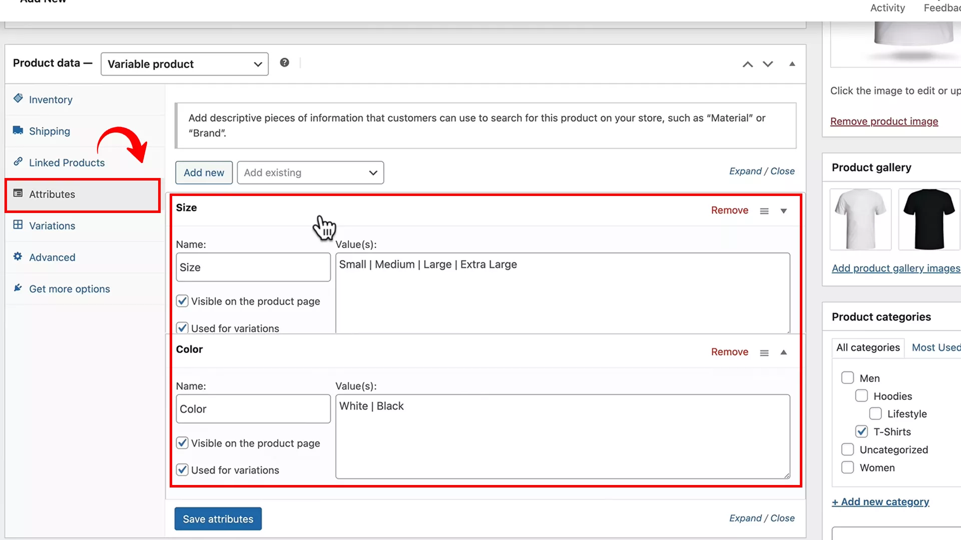 Setting attirbutes for a product on WooCommerce
