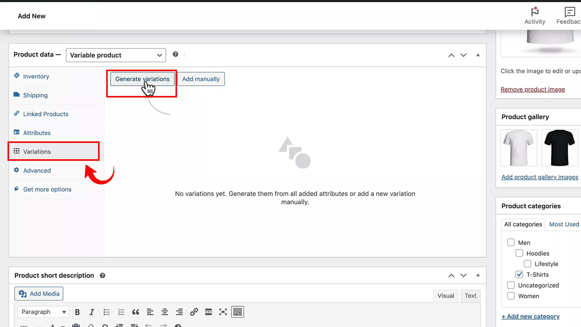 generating variations for a variable product on WooCommerce