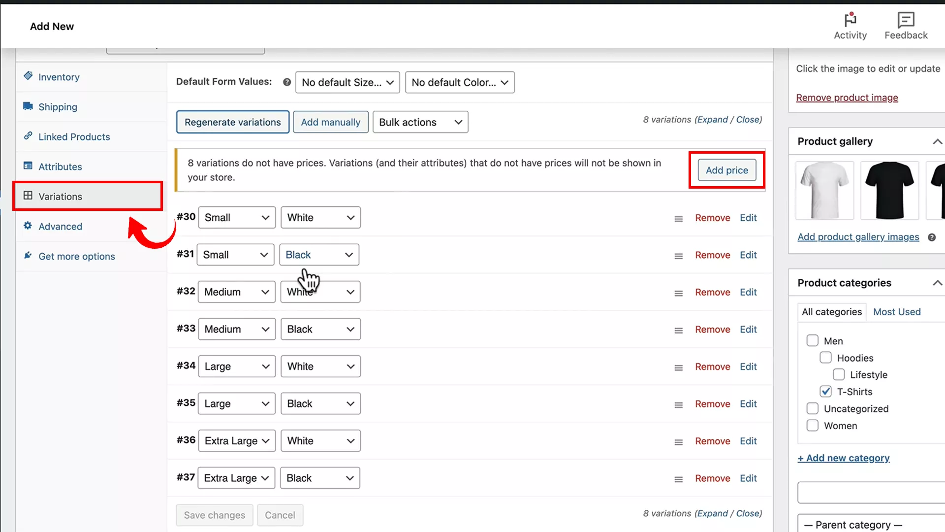 Adding price for variations for a variable product on Woocommerce