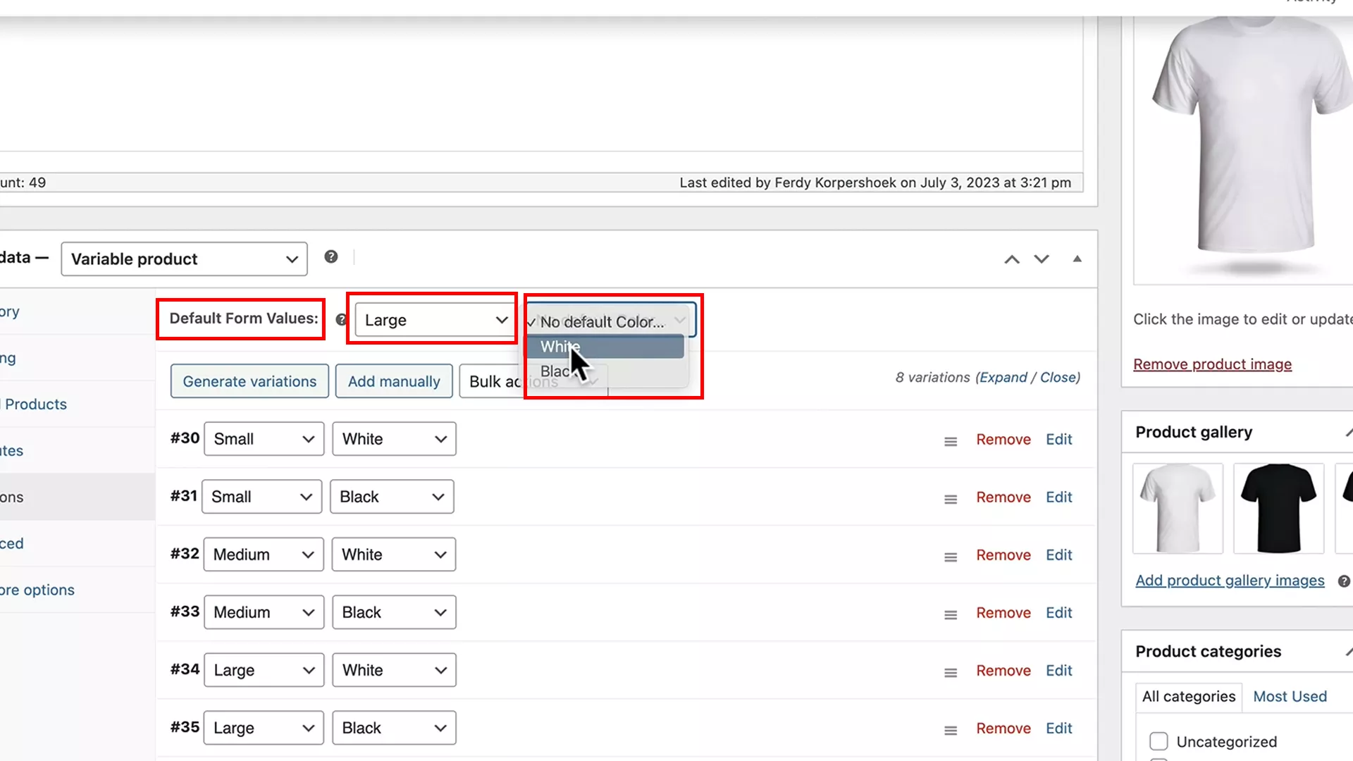 selecting default form values for variable products on WooCommerce