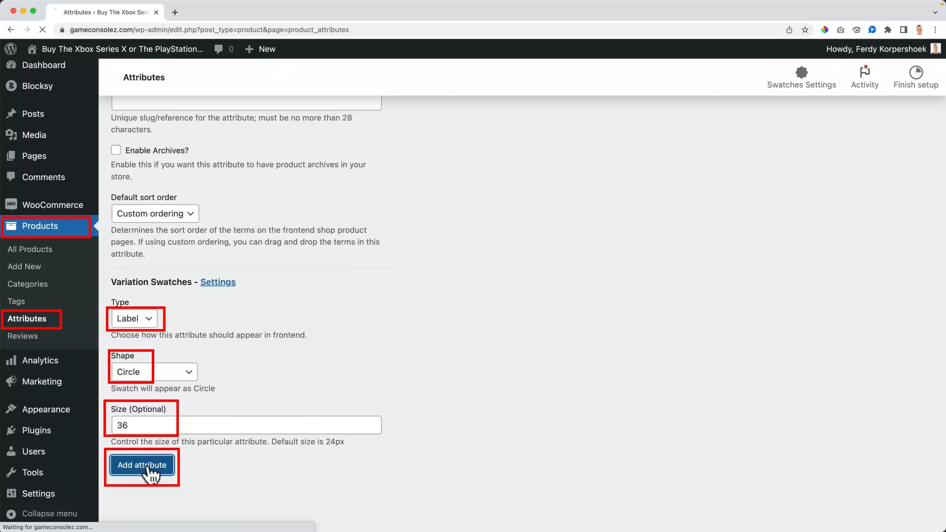 Add attributes for variation swatches on WooCommerce
