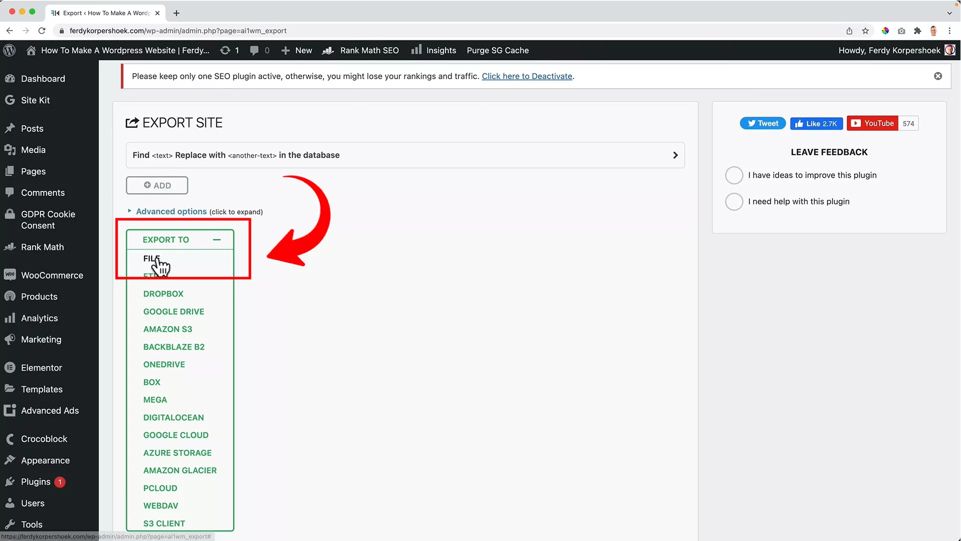 create a site backup on WordPress