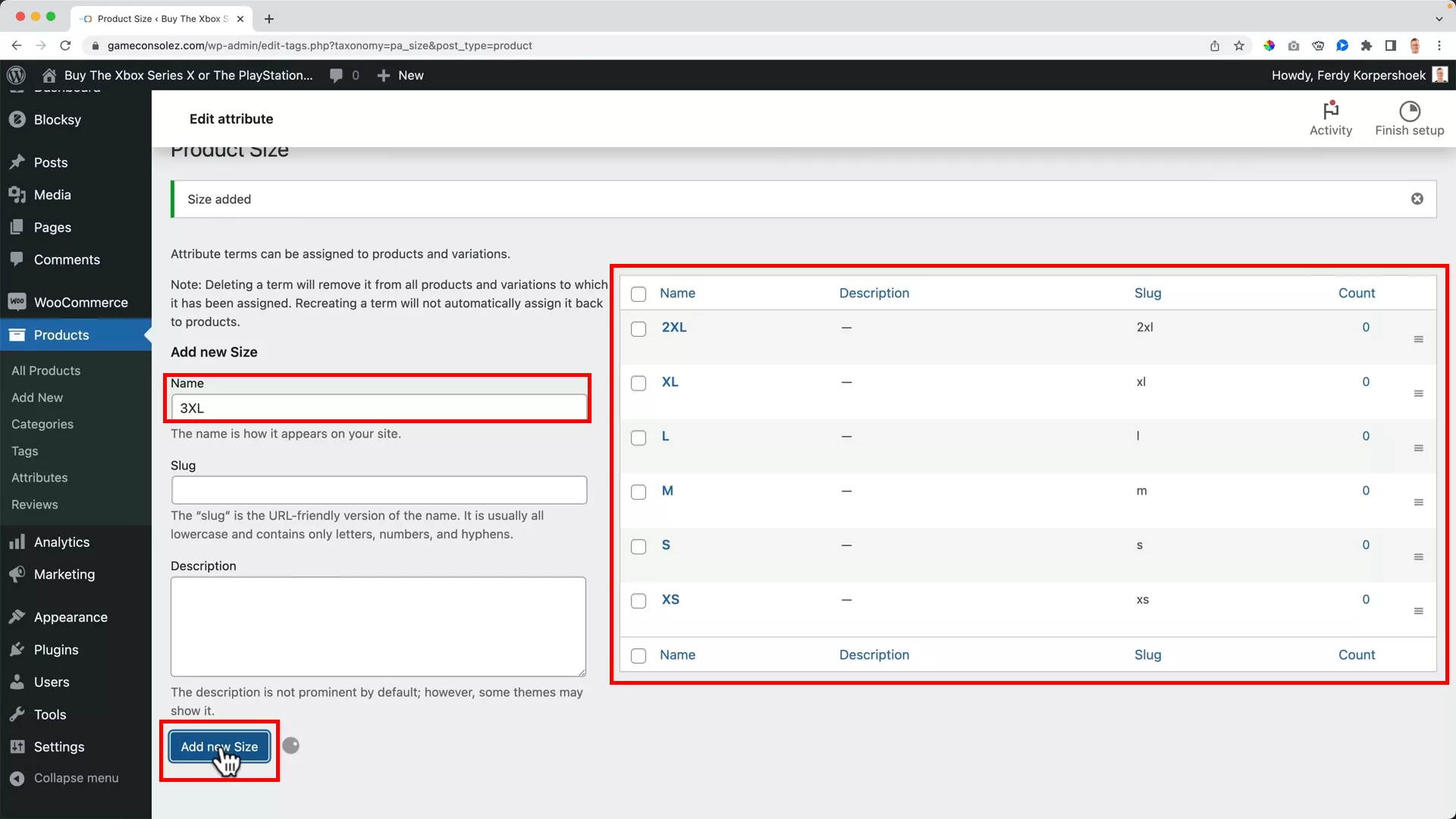 adding size for a variable product on WooCommerce