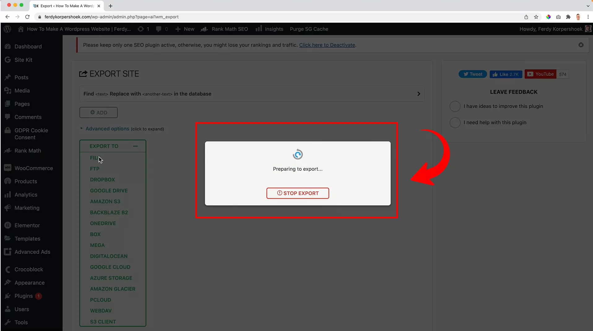 export your website using all in one wp migration plugin on WordPress