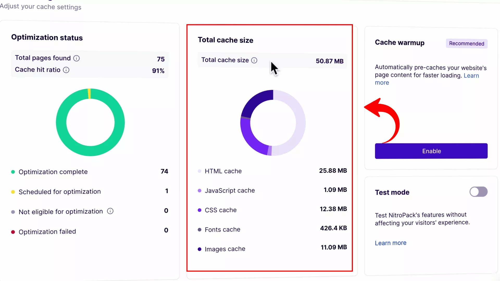 total cache size NitroPack