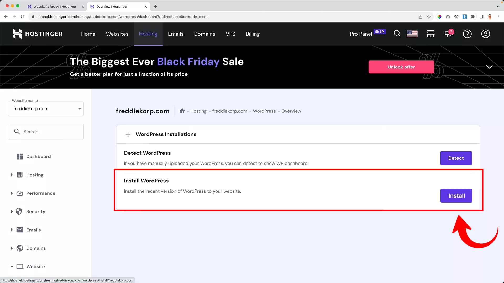 Install WordPress on chosen domain using hostinger