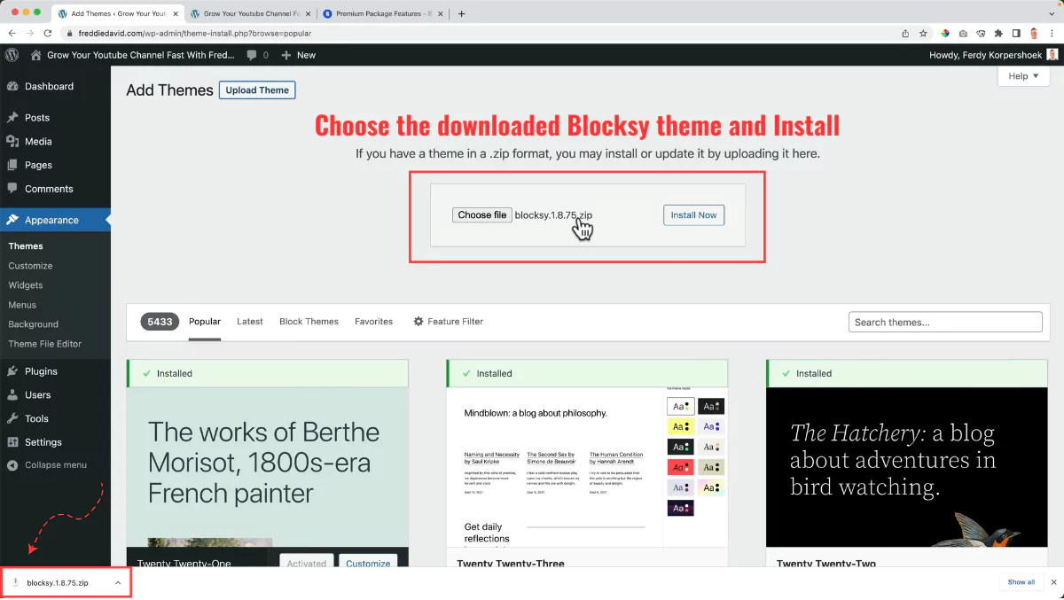 Download Blocksy theme on WordPress and install