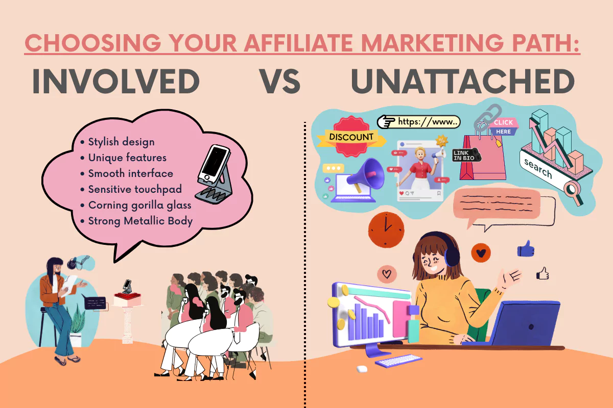 an illustration showing the difference between involved and unattached affiliate marketing,