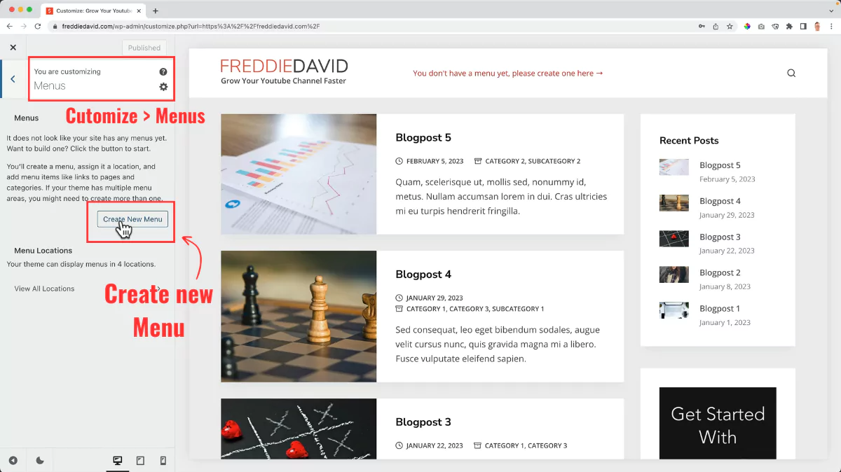 create a site menu on WordPress