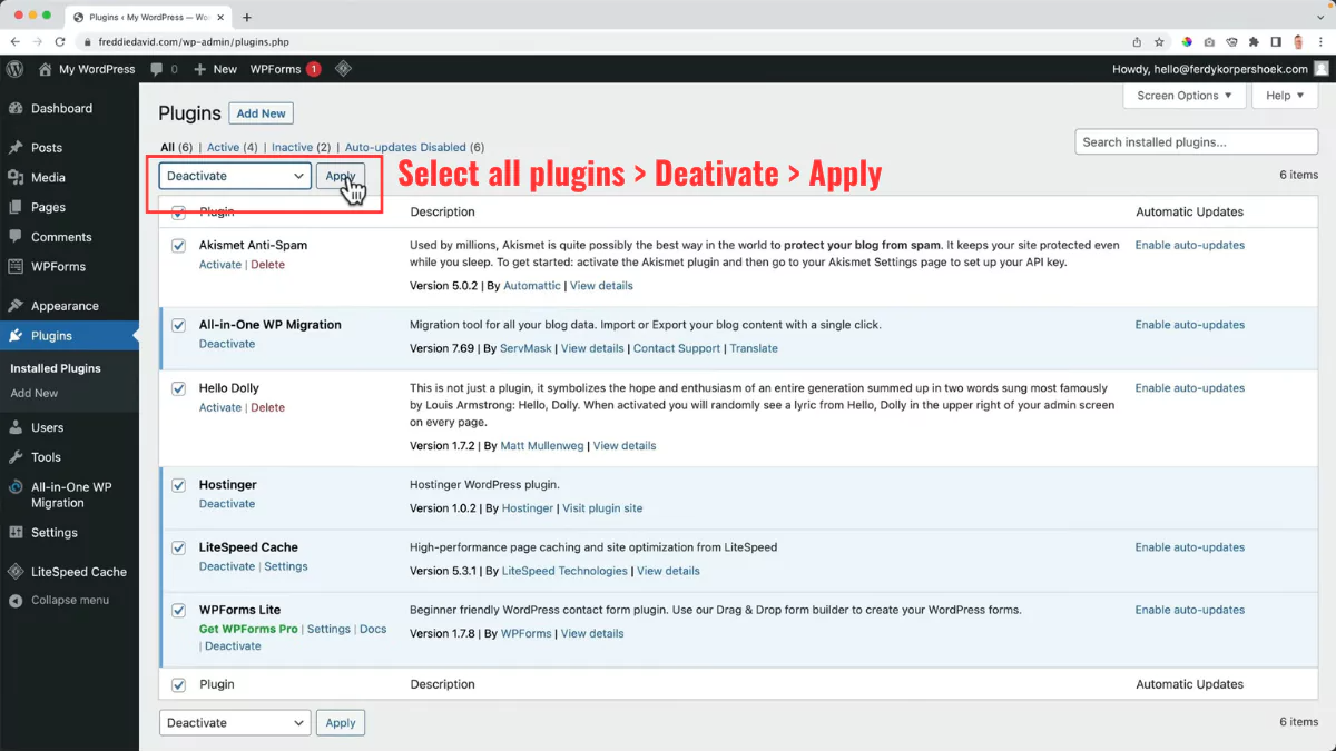 WordPress deactivate plugins
