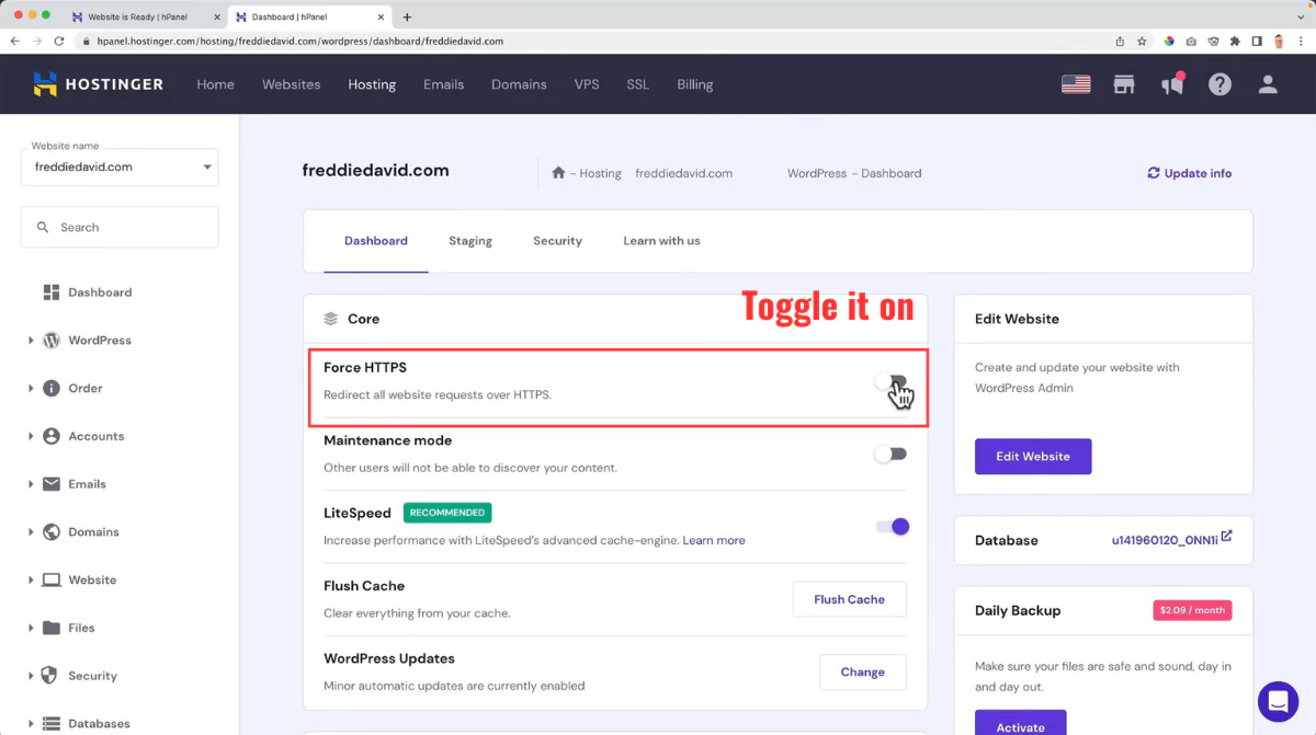 Hostinger enable Force HTTPS