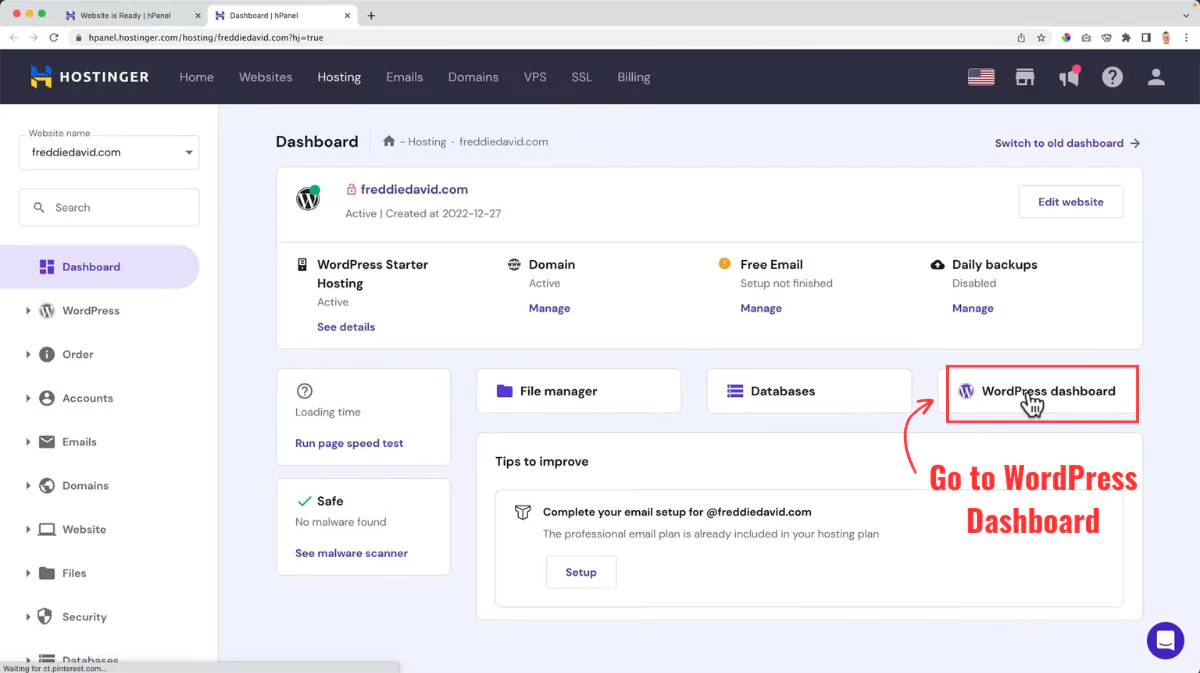 Hostinger go to WordPress dashboard