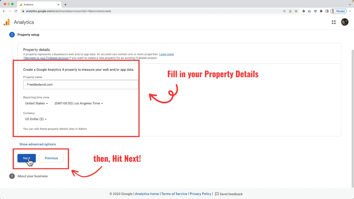 Google Analytics account set up enter your property details