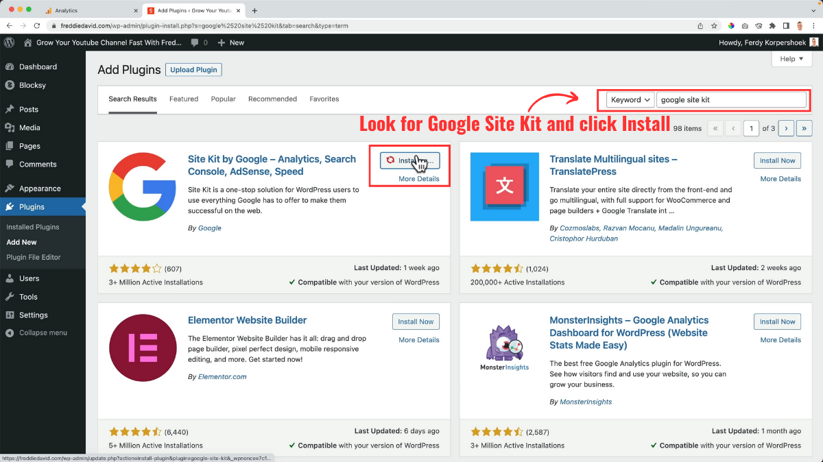 Install Google Site Kit plugin on WordPress