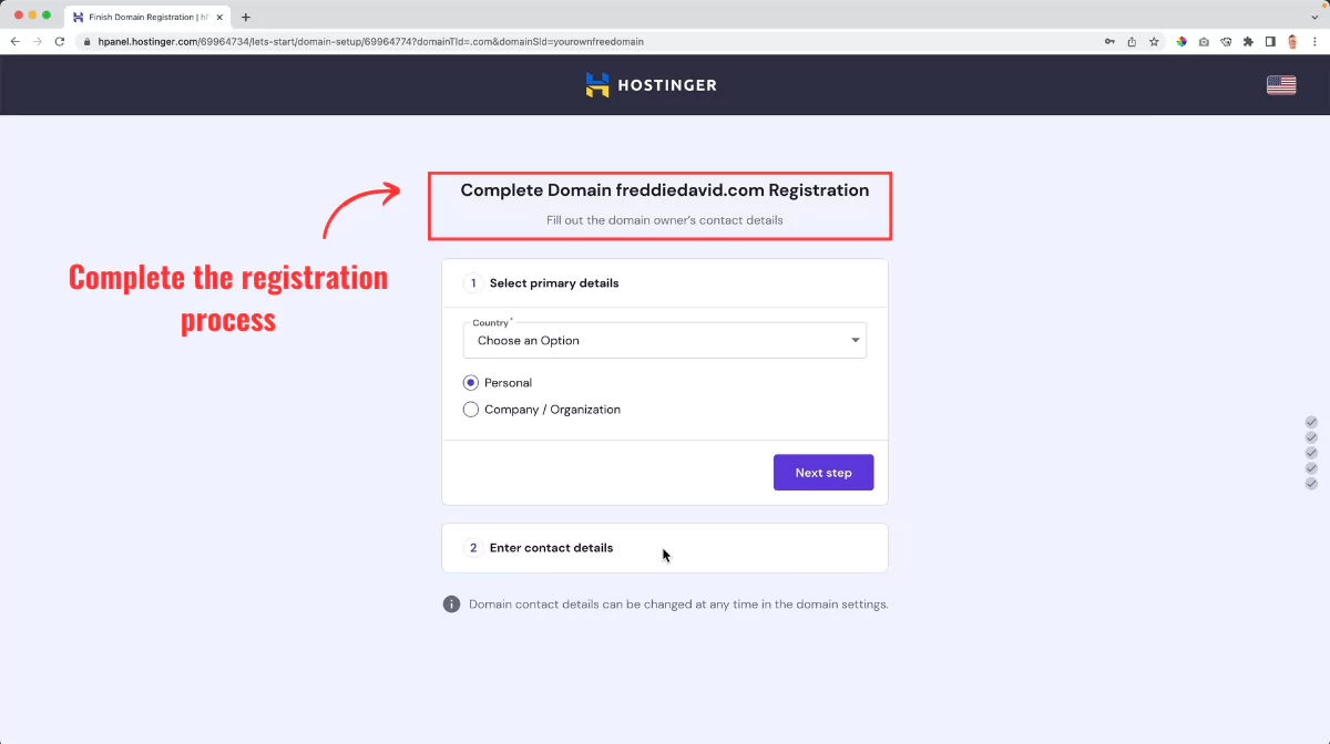 Hostinger complete domain registration
