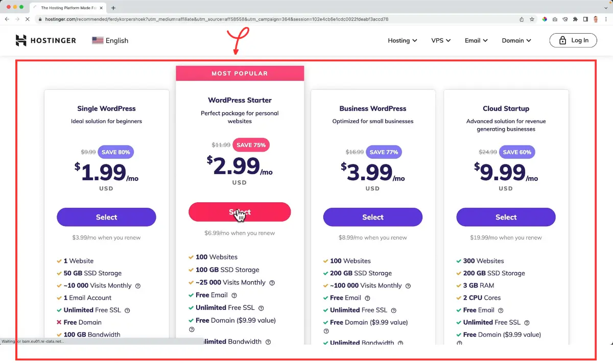 Hostinger WordPress web hosting plans