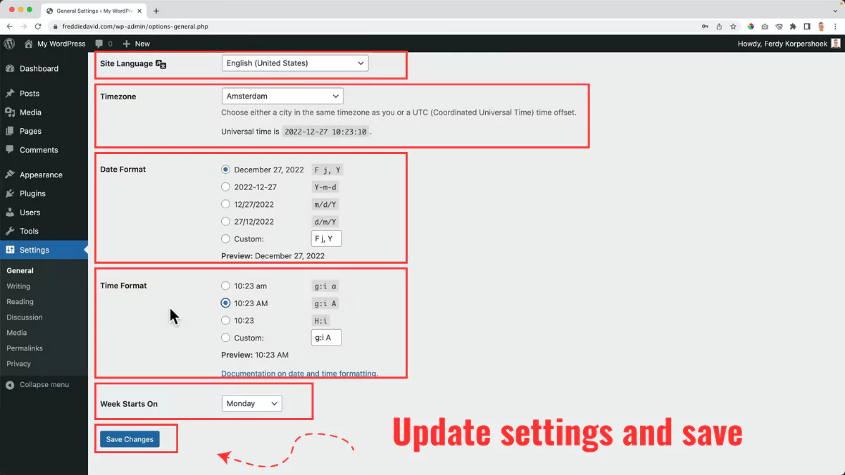 WordPress update time and language settings 