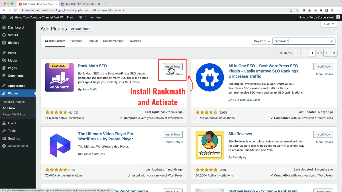 Install the RankMath plugin on WordPress