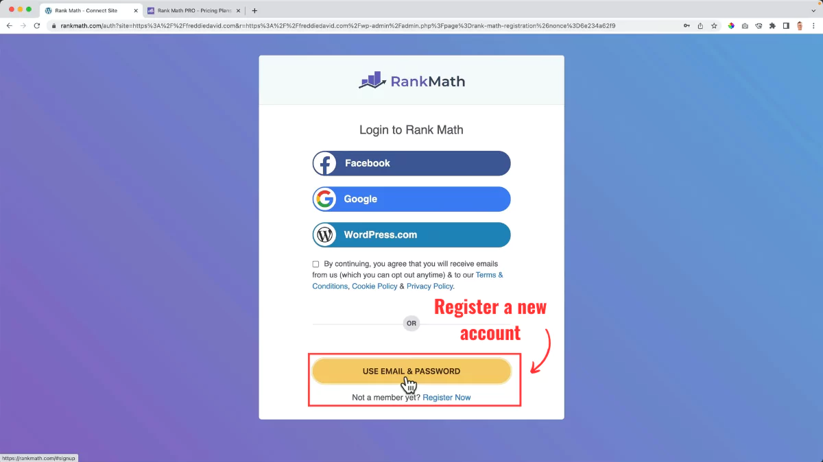 Sign up for RankMath