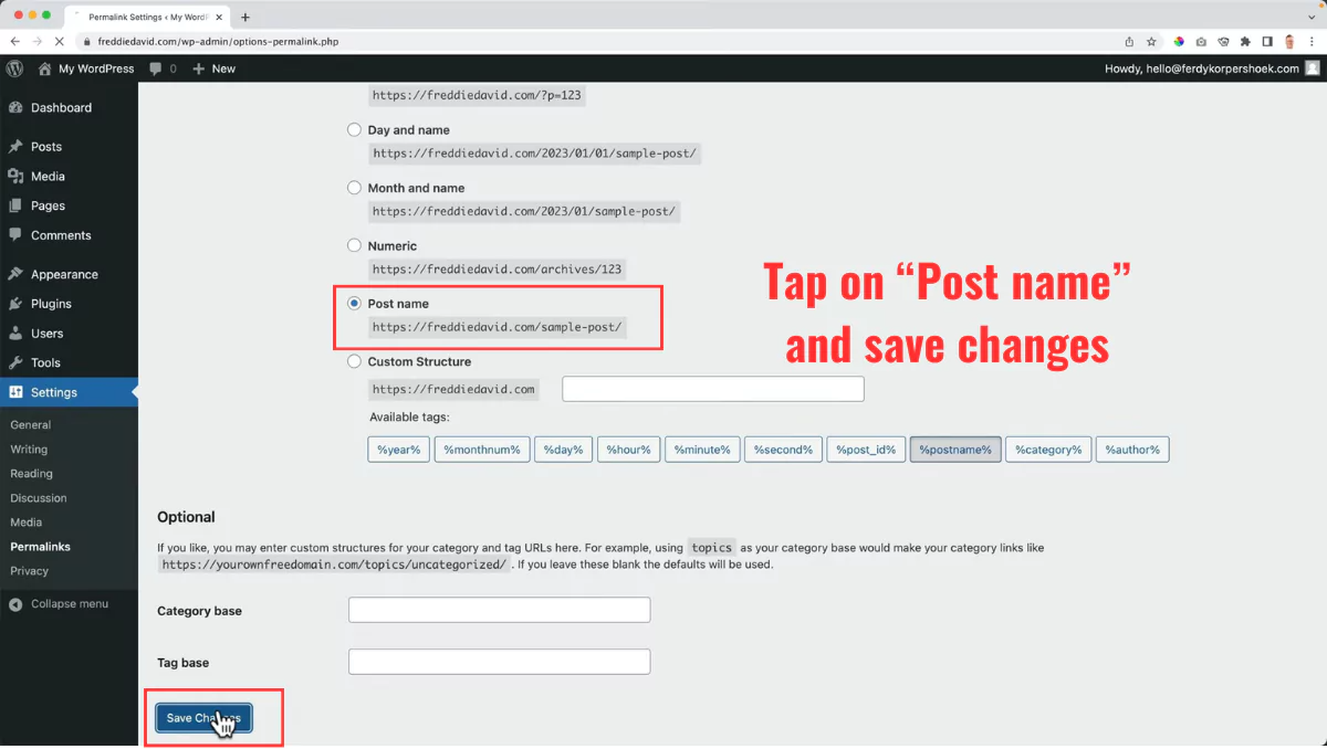 WordPress change permalink to post name