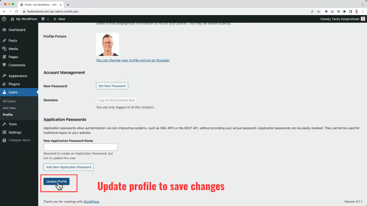 WordPress update profile