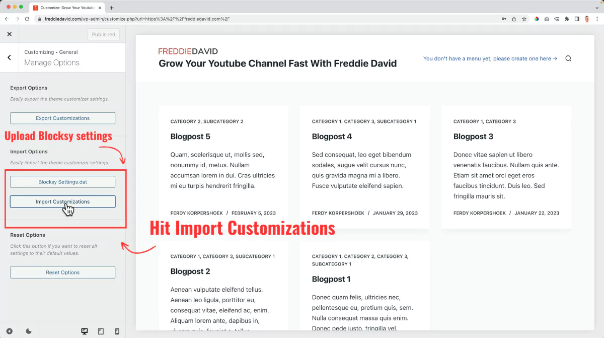 WordPress upload Blocksy setting through import customizations